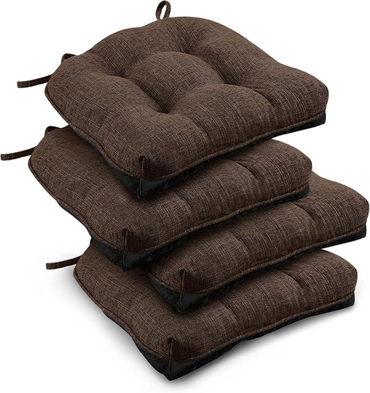 downluxe Indoor Chair Cushions for Dining Chairs, Tufted Overstuffed Textured Kitchen Chair Pads with Ties and Non-Slip Backing, 16.5" x 16.5" x 4", Brown, 4 Pack