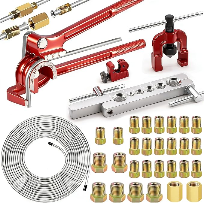 smseace 26Pack 1/4 Inch Brake line kit Includes 25FT Zinc-Plated Brake Lines with Fittings(16pcs Fittings,2pcs Union+4pcs Nut)，Brake line Bender，Single Flaring Tool，Pipe Cutter 1/4 Inch Brake Lines