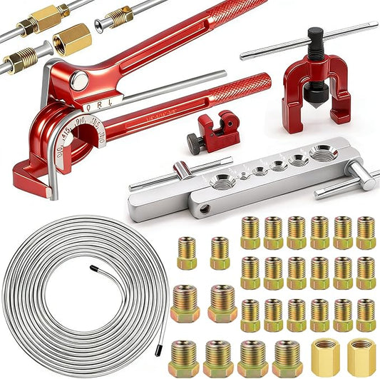 smseace 26Pack 1/4 Inch Brake line kit Includes 25FT Zinc-Plated Brake Lines with Fittings(16pcs Fittings,2pcs Union+4pcs Nut)，Brake line Bender，Single Flaring Tool，Pipe Cutter 1/4 Inch Brake Lines