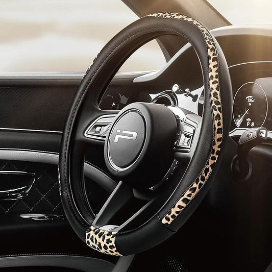 Road Comforts Steering Wheel Cover - Made with PVC Leather and Leopard Fabric - Universal 14 1/2 inches to 15 inches for Most Automotive Steering Wheel - Cheetah Print - Black