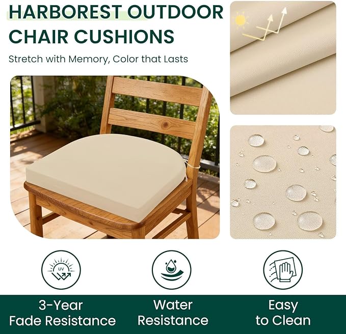 HARBOREST Outdoor Chair Cushions Set of 2, Water Resistant Patio Chair Cushions with Ties, Outdoor Seat Cushions for Patio Furniture, 17"x16"x2", Beige
