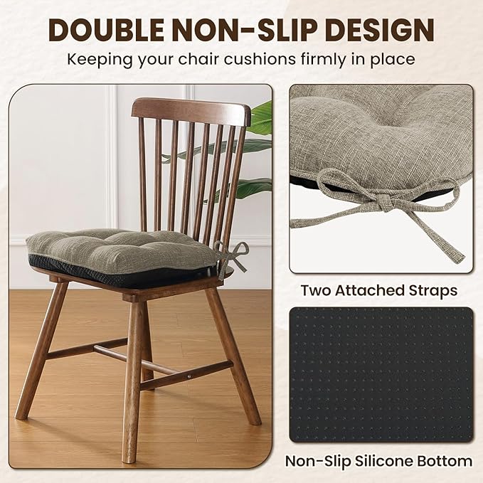 downluxe Indoor Chair Cushions for Dining Chairs, Tufted Overstuffed Textured Kitchen Chair Pads with Ties and Non-Slip Backing, 15.5" x 15.5" x 4", Khaki, 6 Pack