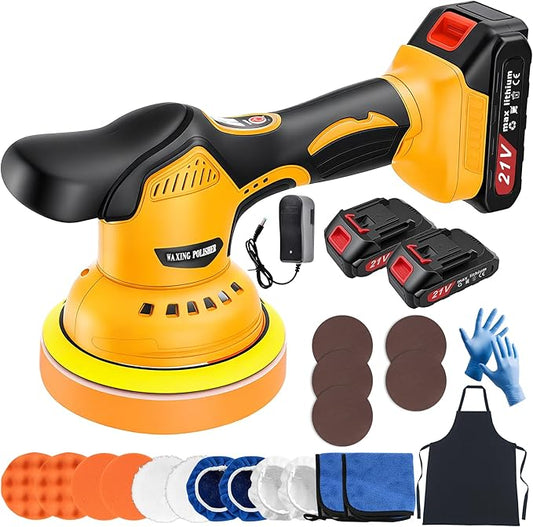 Cordless Car Buffer Polisher, 6 Inch Orbital Polisher Kit with 2x21V Batteries & 21 PCS Attachments, 8-Speed Variable Max 6000RPM Buffer for Car Detailing, Polishing, Waxing, Scratch Removing