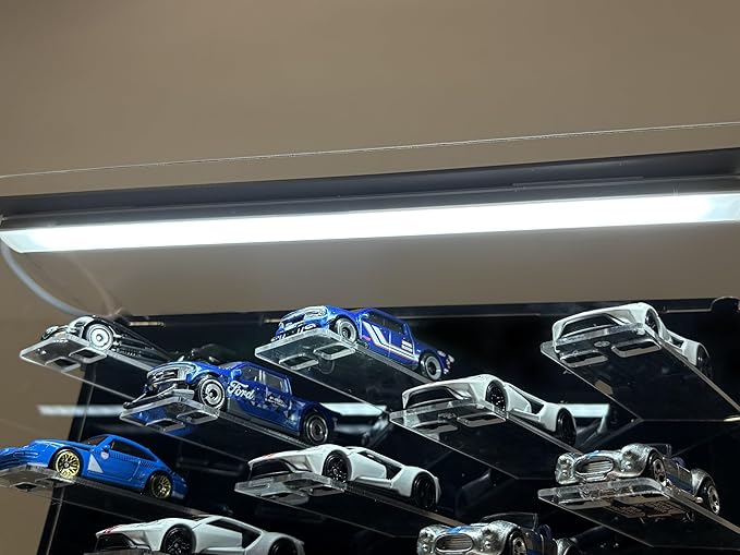 Display Case for Hot Wheels Cars, Compatible with 1:64 Scale Diecast Cars, Wall Mountable/Tabletop Display Case with LED Lights & Dustproof Cover,33 Park, Maximum 40 Toy Cars,Mirrored Background