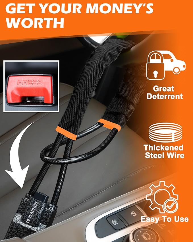 Tevlaphee Steering Wheel Lock Seat Belt Lock Universal Anti Theft Car Device Car Lock Car Theft Prevention with 3 Keys for Car Security Fit Most Vehicles Truck SUV Van(Black)