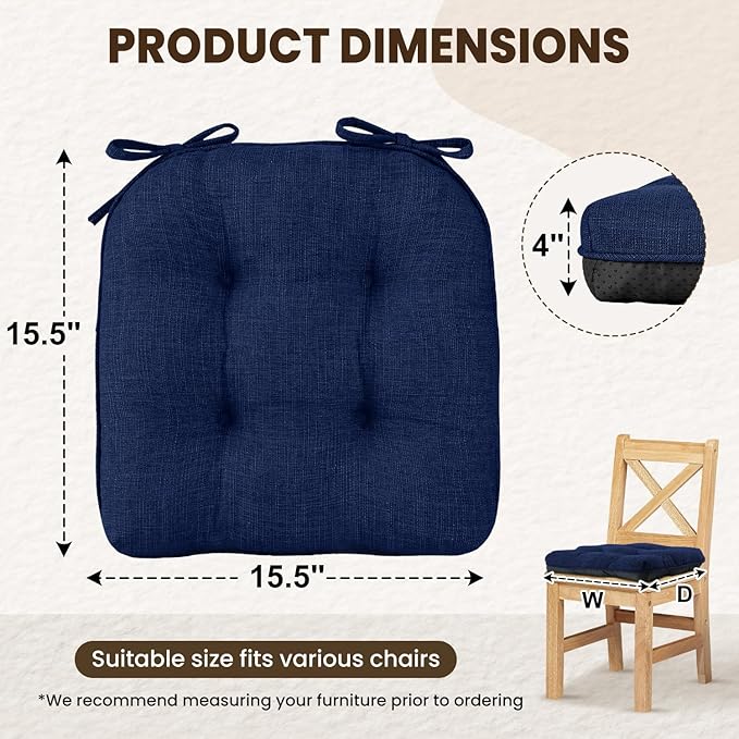 downluxe Indoor Chair Cushions for Dining Chairs, Tufted Overstuffed Textured Kitchen Chair Pads with Ties and Non-Slip Backing, 15.5" x 15.5" x 4", Royal Blue, 4 Pack