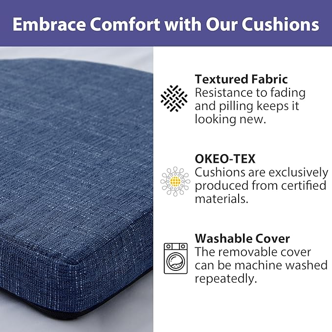 IPYNBAP Chair Cushions for Dining Chairs, Kitchen Chair Cushions, 16'' x 16'' x 2'', Non Slip Indoor Seat Cushions, Chair Pads for Dining Chairs with Ties & Removable Cover, Set of 2, Navy