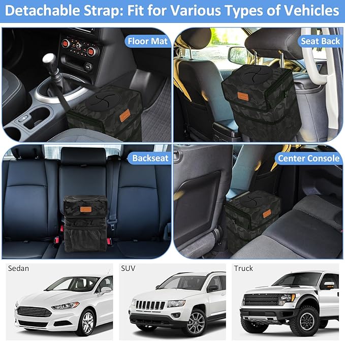 ELONGRIVER Car Trash Can Bin for Back Seat Leak Proof, Cute Car Trash Bag Hanging, Vehicle Trash Can for SUV Truck Van, Automotive Garbage Cans Front Seat Camo Black