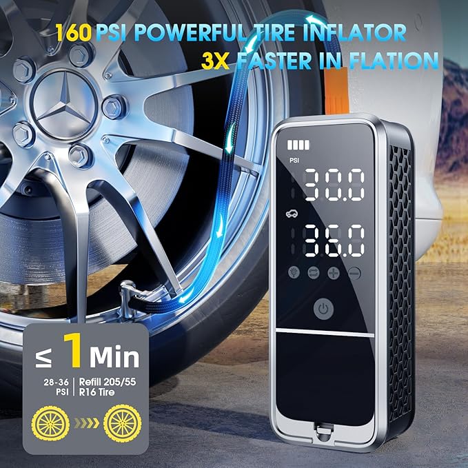 160PSI Tire Inflator Portable Air Compressor, 6000mAh Air Pump for Car Tires Cordless Bike Pump with LED Light&Auto Shut-Off Function Portable Tire Inflator for Car, Motorcycle, Bicycle, Ball