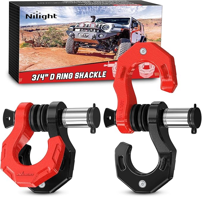 Nilight 2 Pack 3/4" D-Ring Separate Shackle with 7/8" Lock Pin 45,000 lbs Break Strength, Off Road Recovery Shackle with Isolators Washers for Use with Tow Strap, Winch, Truck Vehicle (Black&Red)
