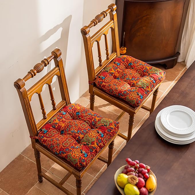 vctops Boho Geometric Chair Cushions with Ties U-Shaped Soft Cozy Cotton Linen Chair Pads Non Slip Seat Cushions for Indoor Dining Room and Kitchen Chairs (Orange,16"x16")