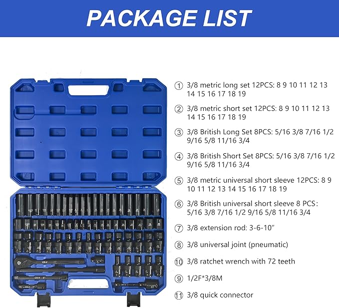 67-Piece Impact Socket Set 3/8 Inch Drive, Deep and Shallow Sockets with 72-Tooth Ratchet, Extension Bars, Universal Joints, CR-V Heavy Duty Mechanic Tool Kit with Case, Black&Blue