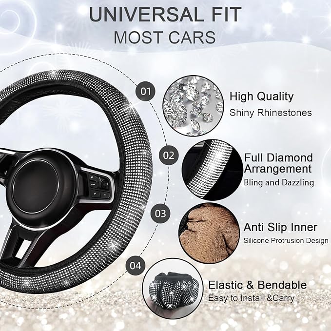 NBTEPEM 12 Pcs Bling Car Accessories Set for Women Car Floor Mats Full Set Steering Wheel Cover Seat Belt Covers Coasters Universal Fit Car SUV Truck Van Silver