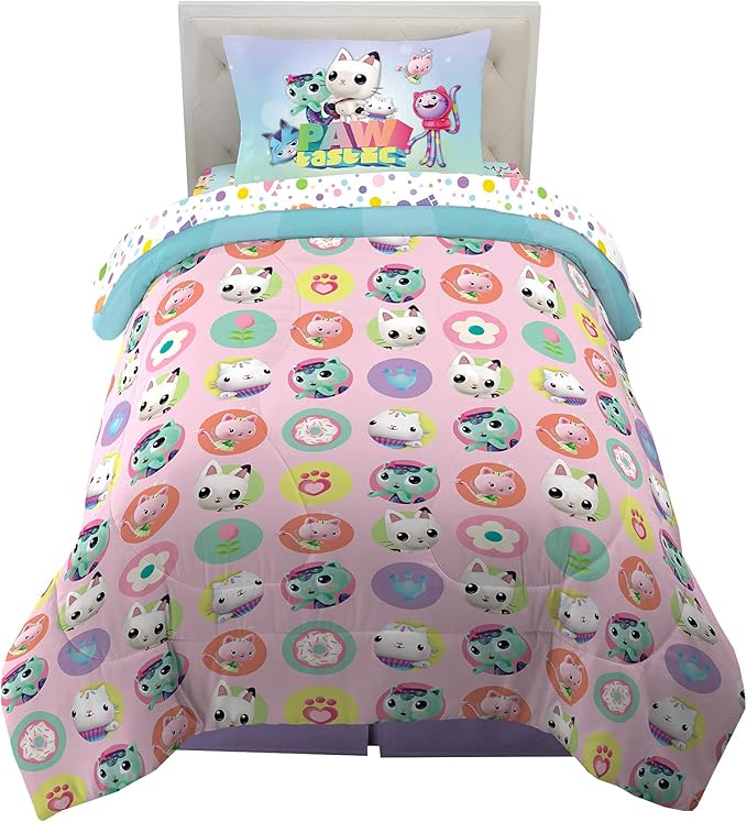 DreamWorks Gabby's Dollhouse Cakey, MerCat And Pandy Kids Bedding Super Soft Comforter And Sheet Set, 4 Piece Twin Size, By Franco