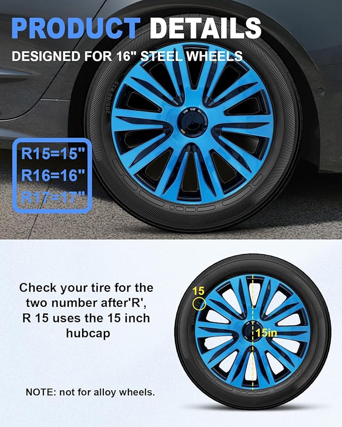 ABX Hubcaps,15 inch hubcaps Set of 4, Wheel Rim Cover ABS Material, Snap On Car Truck SUV Replacement, for Toyota Camry Nissan Mazda etc, Black&Blue