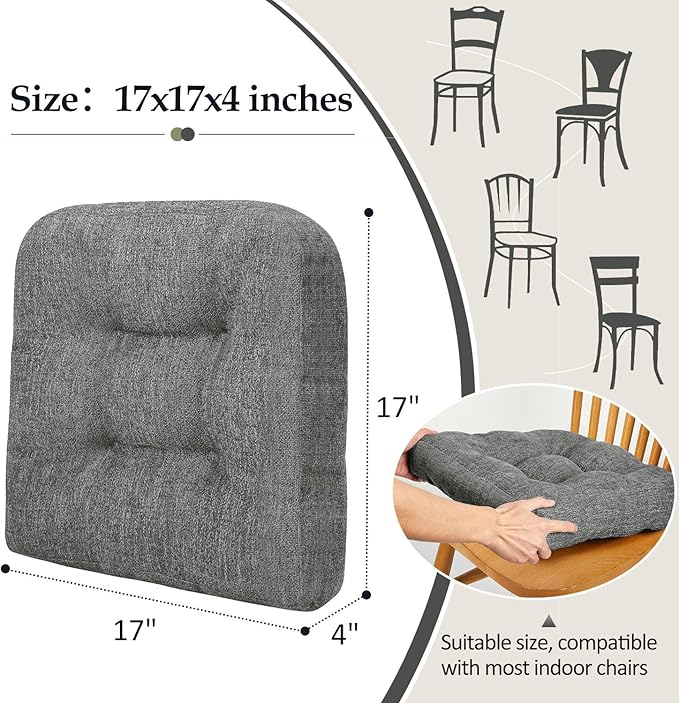 downluxe Chair Cushions for Dining Chairs 2 Pack, Tufted Indoor Chair Pads with Non-Slip Bottom, U-Shaped Kitchen Chair Cushions, 17"x17"x4", Dark Grey