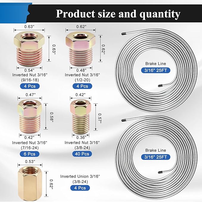 60Pcs 2 Sets 3/16 Inch 25 FT Brake Line Tubing Kit with 58 Pcs Brake Line Fittings, Zinc Coated Alloy Steel Brake Lines Kit Replacement for Hydraulic Fuel Transmission Line