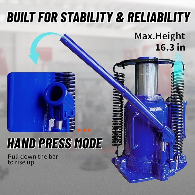 32 Ton Air Hydraulic Bottle Jack with Air-Powered or Manual Operation, One-Piece Hydraulic Cylinder Design, Air Bottle Jack with Independent Air Pump Body and Carry Handle