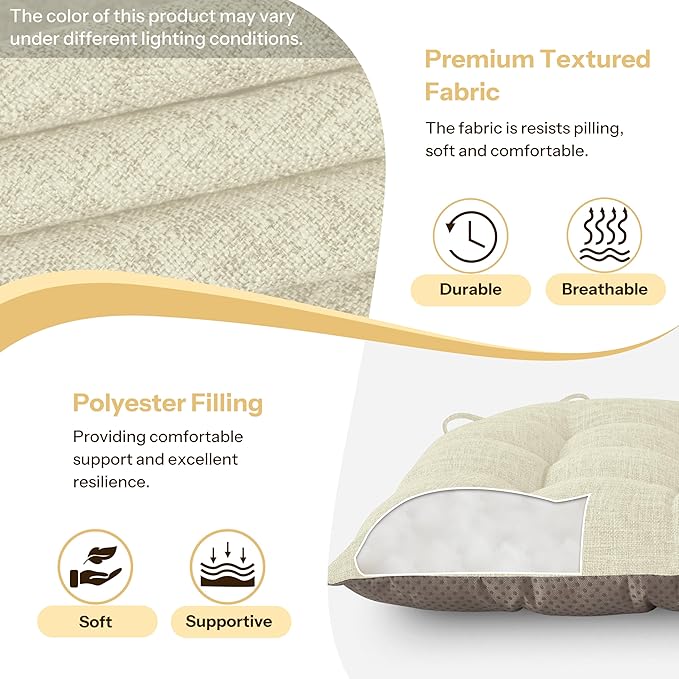 Chair Cushions for Dining Chairs Set of 4 Durable D-Shaped Seat Cushions with Non-Slip Backing Secure Ties Thick Cozy Seat Pad for Kitchen Dining Room Office(18x16.5x3in Beige)