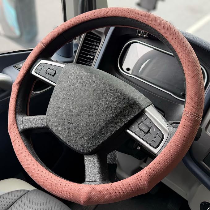 PINCTROT XL 17.5-18in Nappa Leather Supported Grip Steering Wheel Cover for Semi Truck, Fits RV, Big Rig Trucker, 18 Wheeler and Classic Cars, Anti-Slip Perforated Design 17.5-18 Inch (Maple Brown)