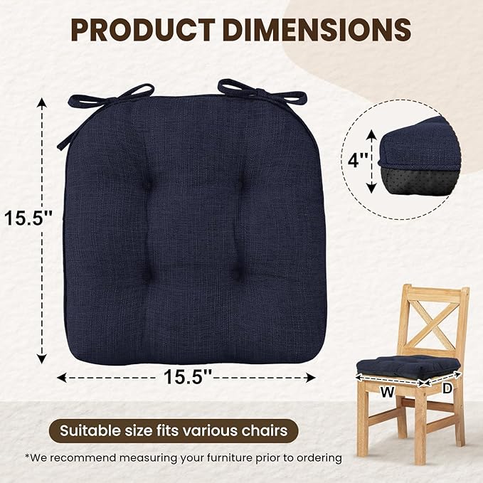 downluxe Indoor Chair Cushions for Dining Chairs, Tufted Overstuffed Textured Kitchen Chair Pads with Ties and Non-Slip Backing, 15.5" x 15.5" x 4", Navy, 6 Pack