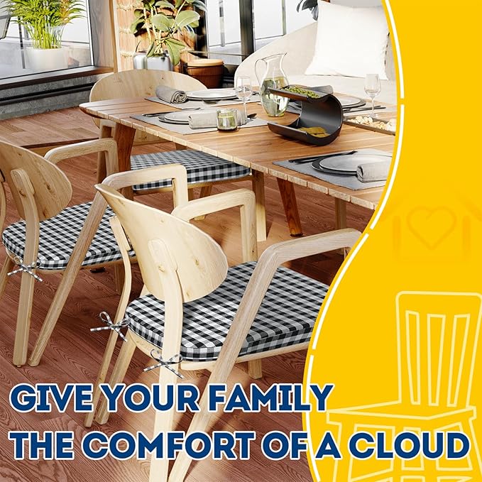 AAAAAcessories D-Shaped Chair Cushions, 2" Thick Dining Chair Pads with Ties and Removable, Machine-Washable Cover, 17" x 16", Set of 2, Checkered Black/White