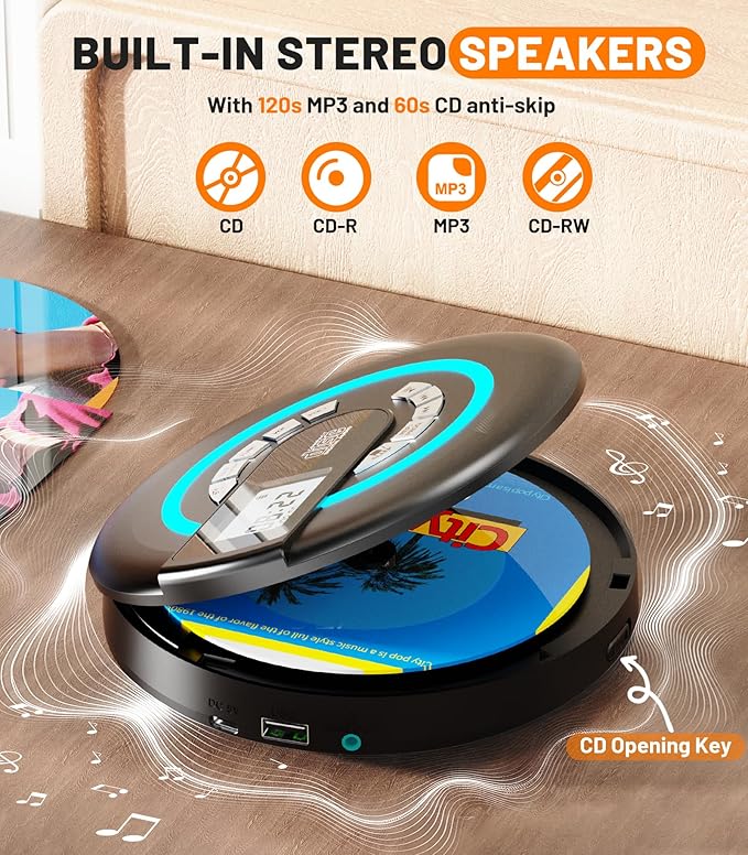 Portable CD Player with Speaker Bluetooth Discman for Car with FM Transmitter Rechargeable Lightweight Anti-Skip Protection Repeat Headphones AUX/USB LCD Display RGB Light Gifts Kids Student