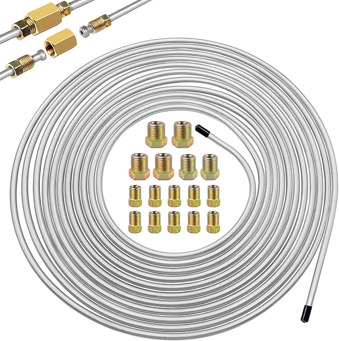 3/16inch x 25 ft Brake Line Tubing Kit Flexible Zinc Coated Alloy Brake Line Tubing Coil with 16 Inverted Flare Fittings SAE Standard