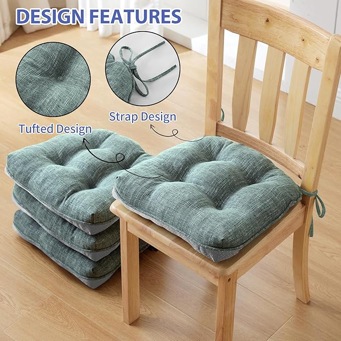 IPYNBAP Chair Cushions for Dining Chairs Set of 4, Kitchen Chair Cushions, Chair Pads with Ties Non Slip Backing, Christmas Room Decor, Tufted Memory Foam Seat Cushion 4 Pack, 18"x18"x4", Sage Green