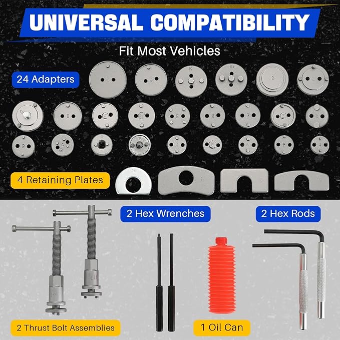 DASBET 35PCS Disc Brake Caliper Tool Kit, Heavy Duty Disc Brake Piston Caliper Compressor Rewind Tool with 24 Adapters, Compatible with Most Vehicles for Brake Pad Replacement