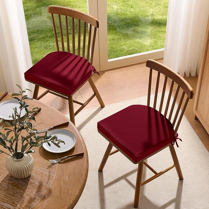 downluxe Chair Cushions for Dining Chairs, Memory Foam Linen Kitchen Chair Pads with Ties, Waterproof, Stain-Resistant and Washable Cover, 17" x 16" x 2.5", Red, 2 Pack
