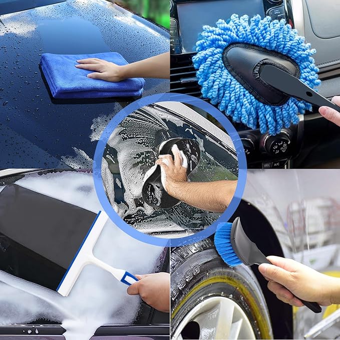 Car Cleaning Kit Car Wash Kit with High Power Handheld Vacuum Automobile Detailing Brush Kits Microfiber Towels Tire Brush Washing Mitt Sponge Safety Hammer Cleaning Wash Kits