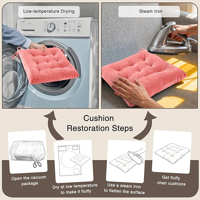 OVOV 6 Pack Chair Cushions for Dining Chairs Soft Seat Cushions for Kitchen Desk Chairs Square Chair Pads with Ties (15.5"x15.5" Pink)