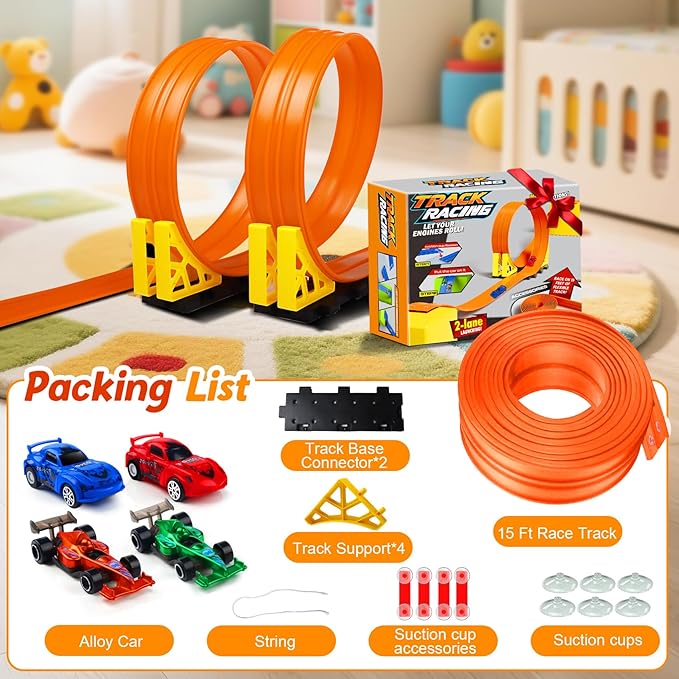 Flexible Race Track Toys for Kids: 15 Ft Rolls Up DIY Racetrack with 4 Cars & 10 Suction Cups - Compatible with Hot Wheels and Diecast 1/64th Cars - Birthday Gifts for Age 3-8 Years Old Boys Girls