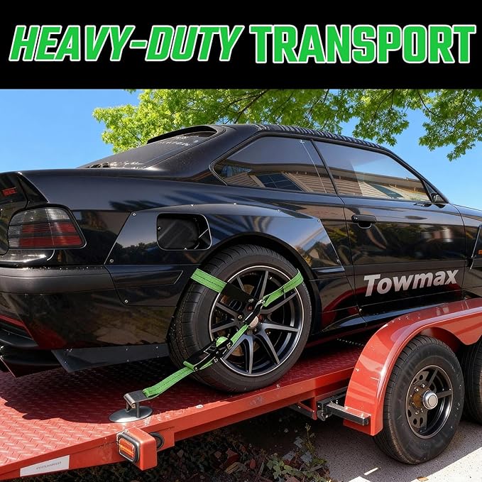 4 Pack Car Tie Down Straps for Trailers - 2" x 8' Heavy Duty Tire Straps with Flat Hooks - 10,000lbs Break Strength, Adjustable Lasso Style Wheel Straps for Hauling Cars, Truck, UTV(Green)