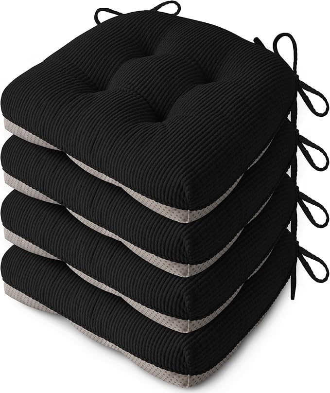 Indoor Kitchen Chair Cushions Set of 4 18"X16.5"X3" Soft Anti Slip Dining Chair Pads Tufted Kitchen Seat Cushion with Ties, Black