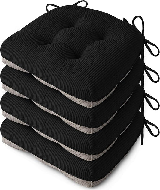 Indoor Kitchen Chair Cushions Set of 4 18"X16.5"X3" Soft Anti Slip Dining Chair Pads Tufted Kitchen Seat Cushion with Ties, Black