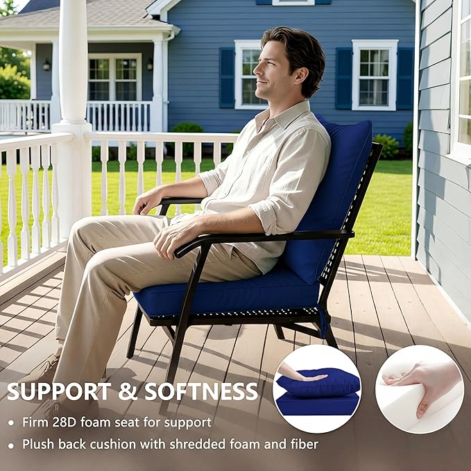 19x19 Inch Patio Chair Cushions Set of 2, Outdoor Furniture Cushions - Removable Cover, Water-Repellent, Fade-Resistant, Non-Slip Bottom & Straps, Replacement for Lawn, Porch & Deck Chair - Navy