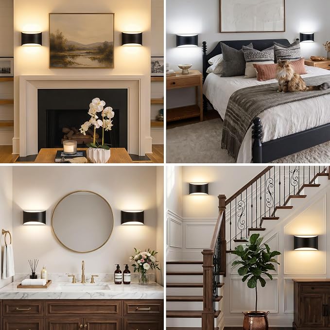 MATAMEYE Modern LED Wall Sconce Set of 2, Large Matte Black Indoor Wall Lighting Fixture with 3 Colors Temperatures, 10W Up/Down Hardwired Wall Mount Lamp for Bedroom Living Room