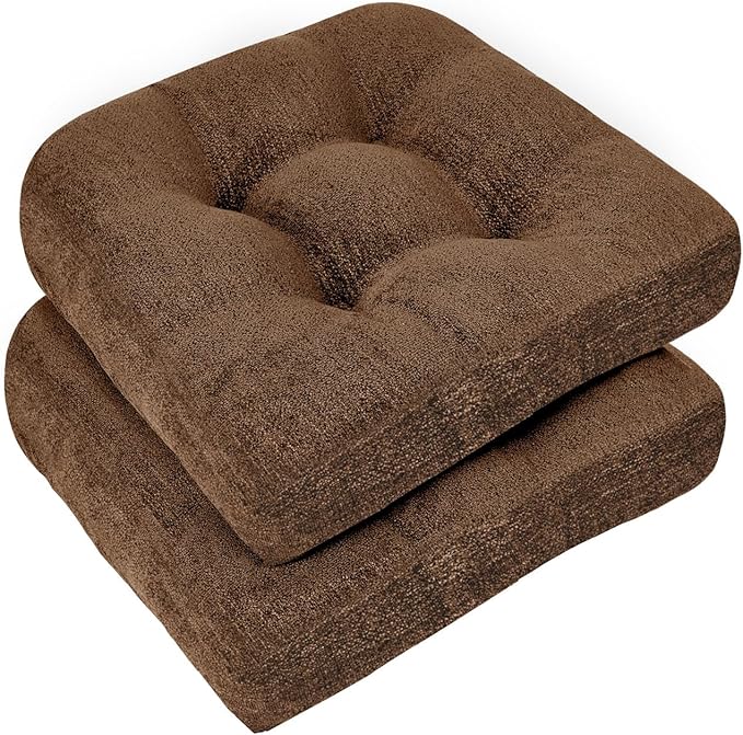 downluxe Chair Cushions for Dining Chairs 2 Pack, Tufted Indoor Chair Pads with Non-Slip Bottom, U-Shaped Kitchen Chair Cushions, 17"x17"x4", Brown