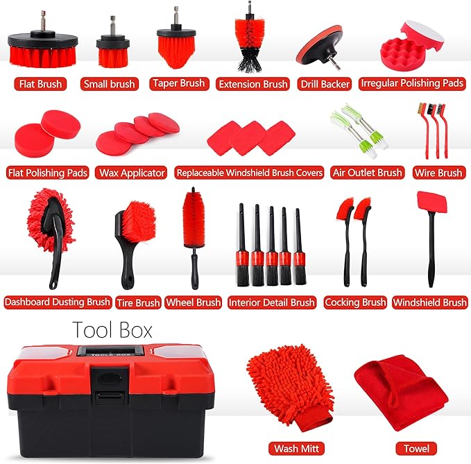 35Pcs Car Detailing Kit, Car Cleaning Kit with Windshield Cleaning Tool and Tool Box, Interior & Exterior Auto Care Supplies and Brushes (B：35PCS-R)