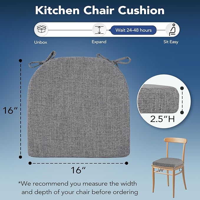 Chair Cushions for Dining Chairs, Non Slip Chair Pads with Ties and Washable Covers, Memory Foam Kitchen Chair Cushions Set of 6, 16"X16"X2.5", Dark Gray