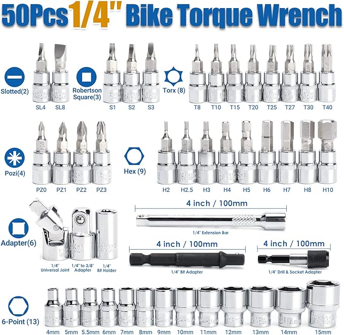 YIYEIE 50Pcs Master Bike Torque Wrench Set, 1/4 Inch Drive, 10-230 IN.LB (1-26.0 Nm), Inch Pound Click Torque Wrench with Bit Sockets, 0.1 Nm Micro, 3/8 Adapter, Pro Bicycle Tool Kit for MTB
