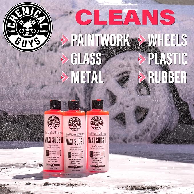 Chemical Guys CWS_101 Maxi-Suds II Foaming Car Wash Soap (Works with Foam Cannons/Guns or Bucket Washes) Safe for Cars, Trucks, Motorcycles, RVs & More, 128 fl oz (1 Gallon), Cherry Scent