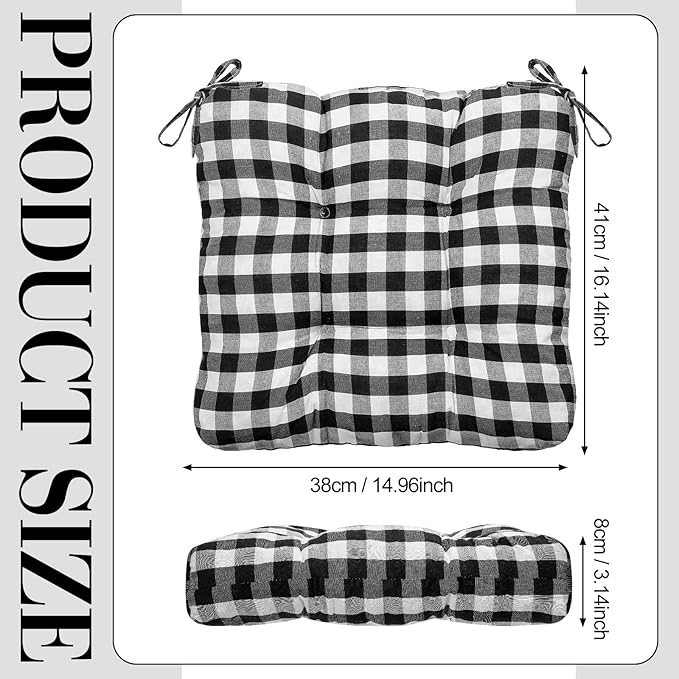 Geetery 8 Pack Chair Cushions for Dining Chairs, 16" x 15" Black and White Kitchen Chair Cushions with Ties Buffalo Plaid Soft Comfy Seat Pads for Home Office Living Room Outdoor Indoor