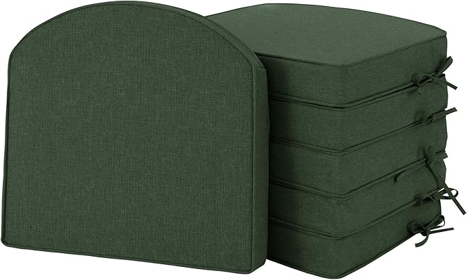 Outdoor Chair Cushions, Fade-Resistant & Water-Resistant, D Shaped Patio Furniture Seat Chair Pads Replacement with Ties, Non-Slip Bottom, Removable Cover, Set of 6, 17 x 16 Inch, Olive Green