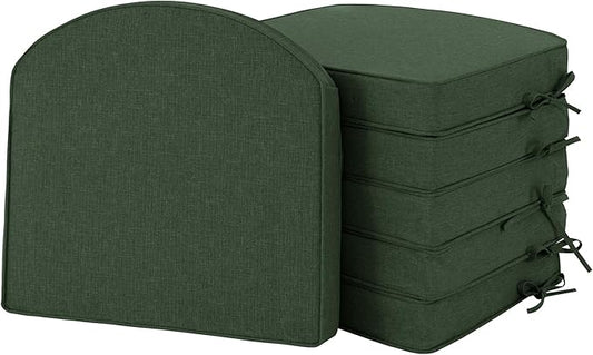 Outdoor Chair Cushions, Fade-Resistant & Water-Resistant, D Shaped Patio Furniture Seat Chair Pads Replacement with Ties, Non-Slip Bottom, Removable Cover, Set of 6, 18.5 x 16 Inch, Olive Green
