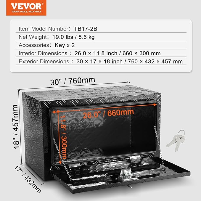 VEVOR Underbody Truck Box, 30" x 17" x 18" Pickup Storage Box, Heavy Duty Aluminum Diamond Plate Tool Box with Lock and Keys, Waterproof Trailer Storage Box with T-Handle Latch for Truck, Van, Trailer