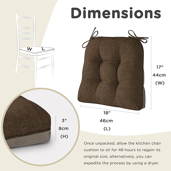 AddGrace Chair Cushions for Dining Chairs Set of 2 Kitchen Seat Cushions with Ties and Non Slip Backing Tufted Indoor Seat Pad for Kitchen Dining Room 18" x 17" x 3" Coffee