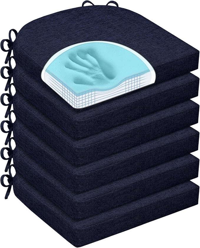 Chair Cushions for Dining Chairs, Non Slip Chair Pads with Ties and Washable Covers, Memory Foam Kitchen Chair Cushions Set of 6, 16"X16"X2.5", Navy